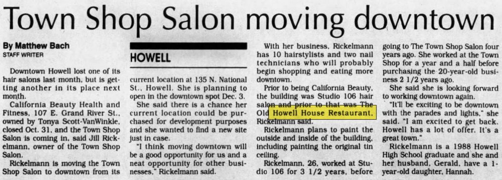 Old Howell House Restaurant - Nov 20 1996 Article
